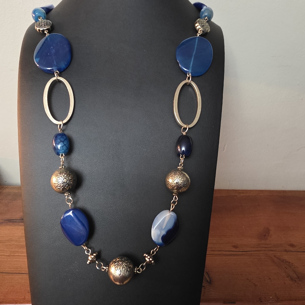 Elegant Blue and Gold Necklace. Glass Stones. Vintage Vibe. Long Necklace.